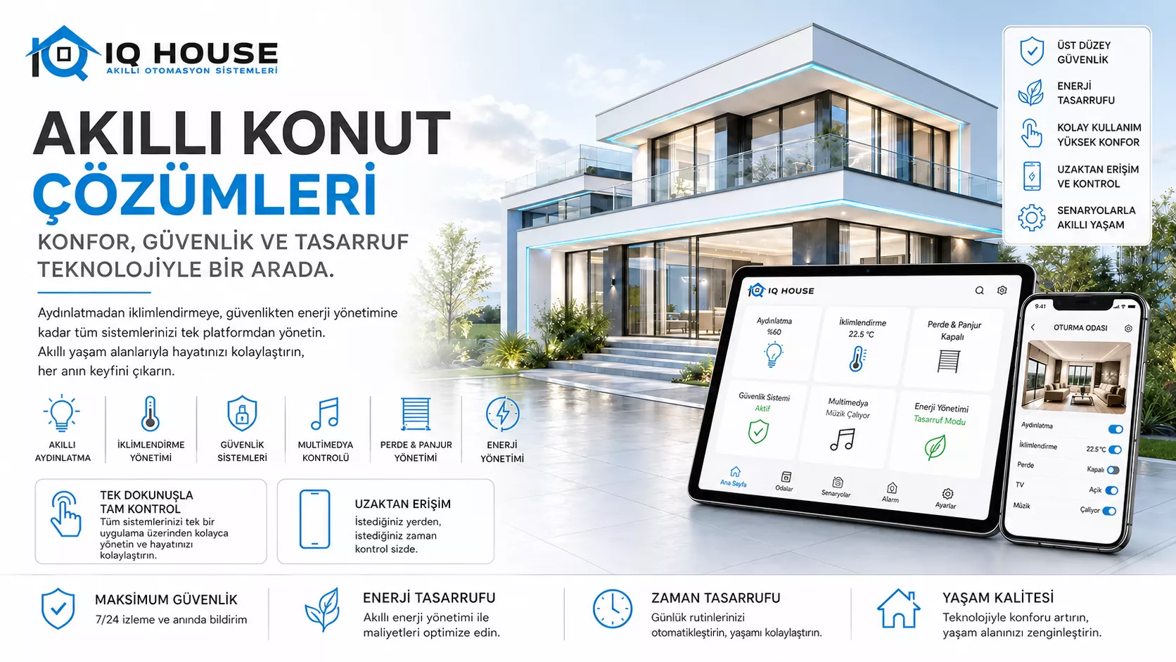 Akıllı konut çözümleri — aydınlatma, iklimlendirme, güvenlik, multimedya, perde ve enerji tek uygulamadan yönetilir